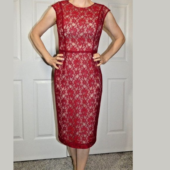 Red Dress Modest Lace Sheath Bodycon Cocktail Party French Connection Size 4 - Picture 2 of 10